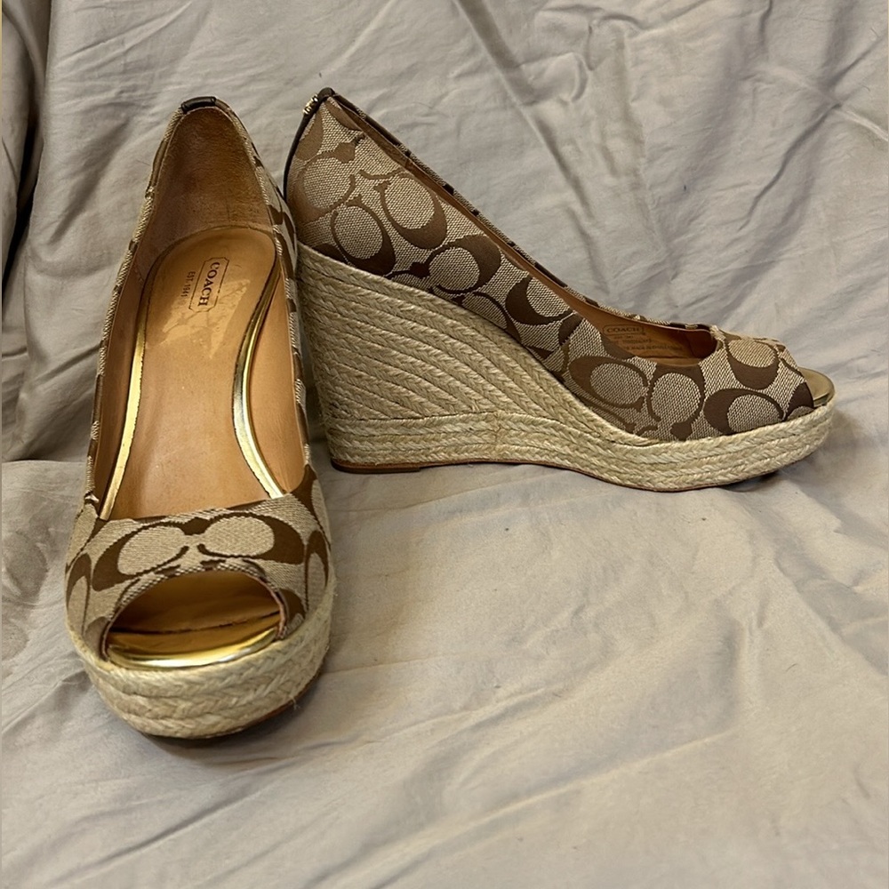 Coach Peep-toe Wedge Platform Shoes size 10 B Brown/Tan and Gold
